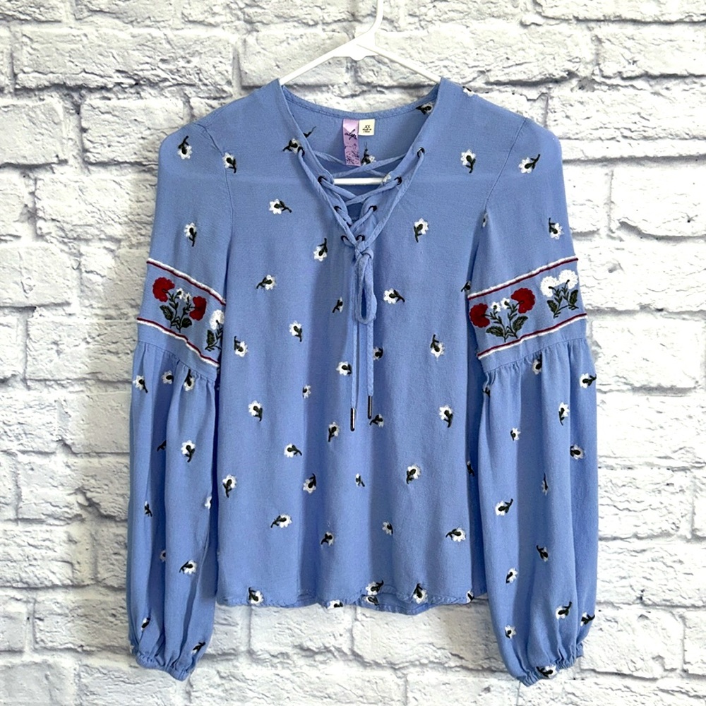 Alya Pheasant Embroidered Floral Long Sleeve Blouse Size XS